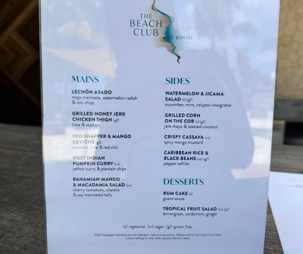 Lunch Menu at Beach Club at Bimini